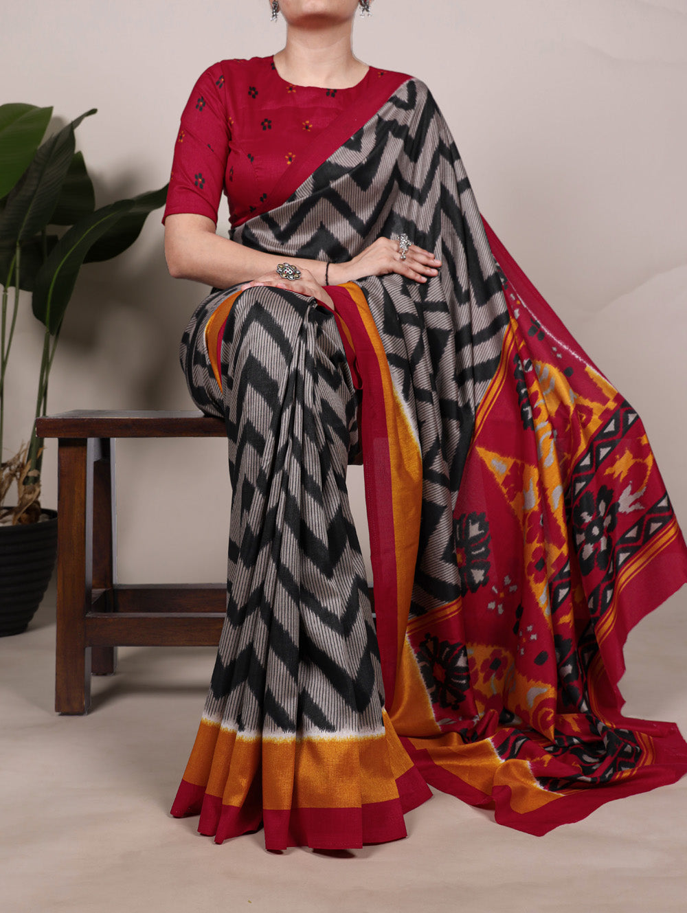Black printed tasar silk saree