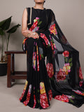 Black floral print chiffon saree