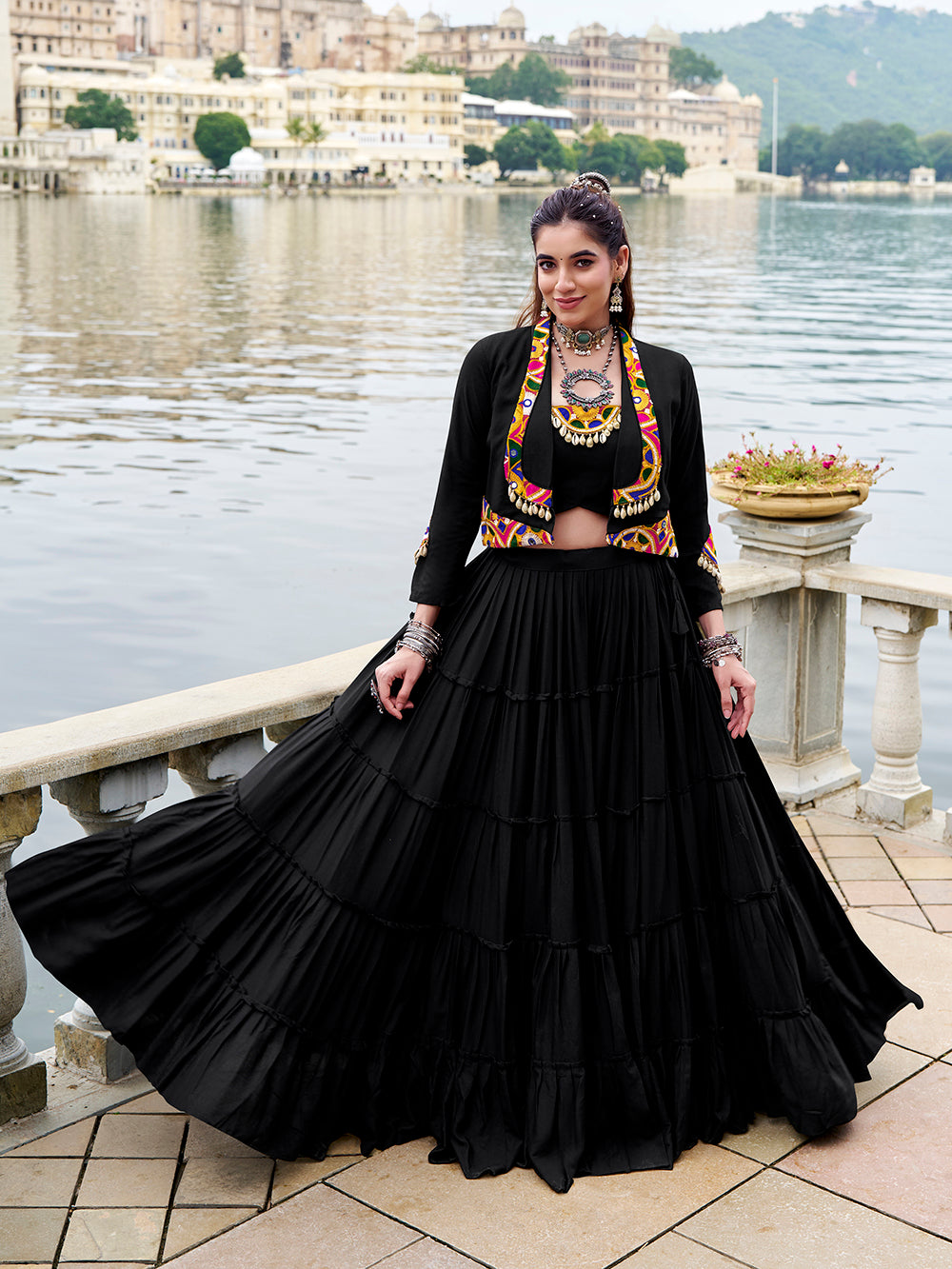 Black Color Gamthi Work With Cowrie Touch Up Rayon Co-Ord Set
