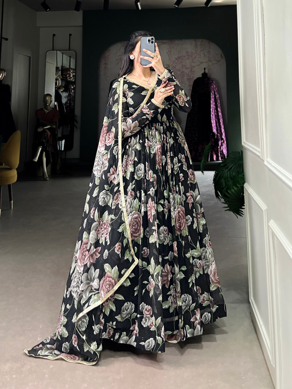 Black Color Floral Print With Lace Border Marbel Gown