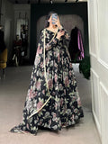 Black Color Floral Print With Lace Border Marbel Gown