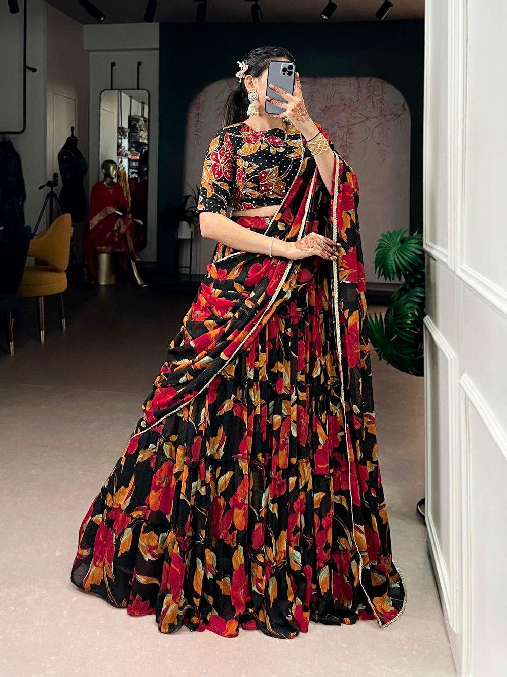 floral lehenga choli black