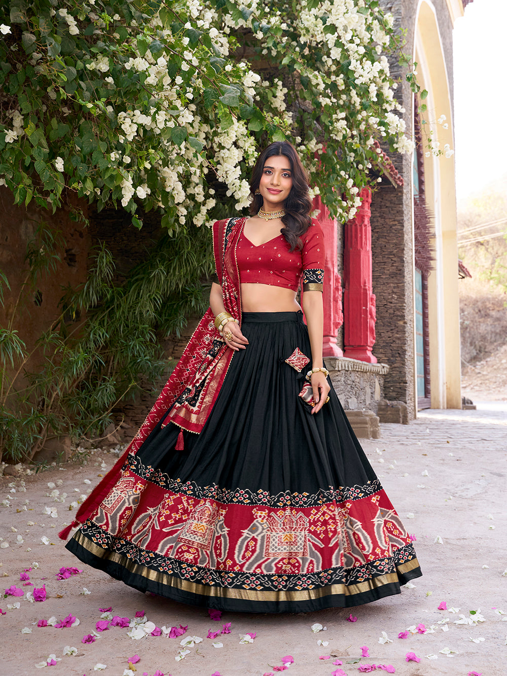 Black Color Patola Printed Tasar Silk Lehenga Choli