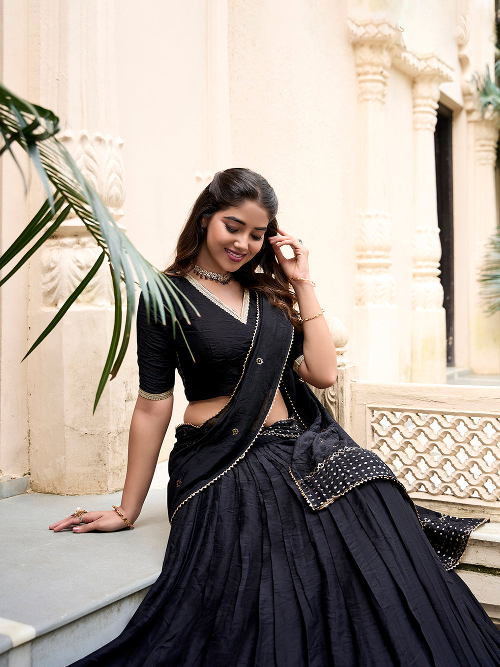 Black Color Plain With Zari Weaving Work Chanderi Lehenga Choli