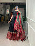 Black Color Print With Foil Print Tussar Silk Dress