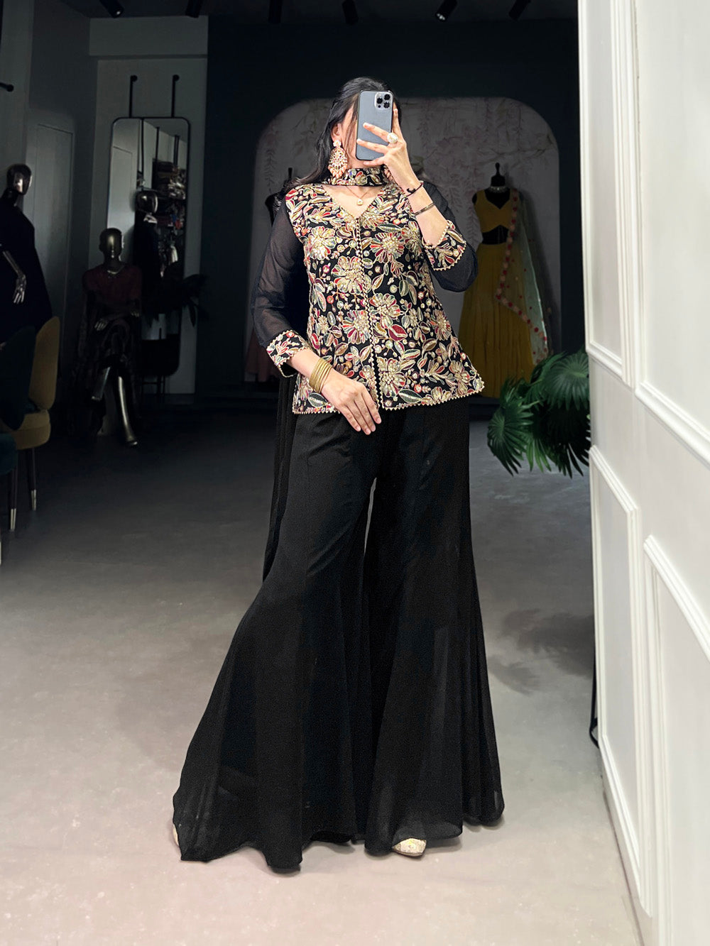 Black Color Sequins With Embroidery Work Georgette Kurti Plaza Set