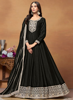 Black Embroidered Anarkali Suit In Art Silk 