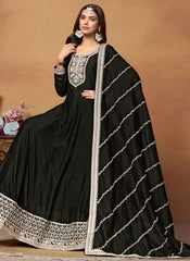 Black Embroidered Anarkali Suit In Art Silk 