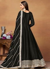 Black Embroidered Anarkali Suit In Art Silk 