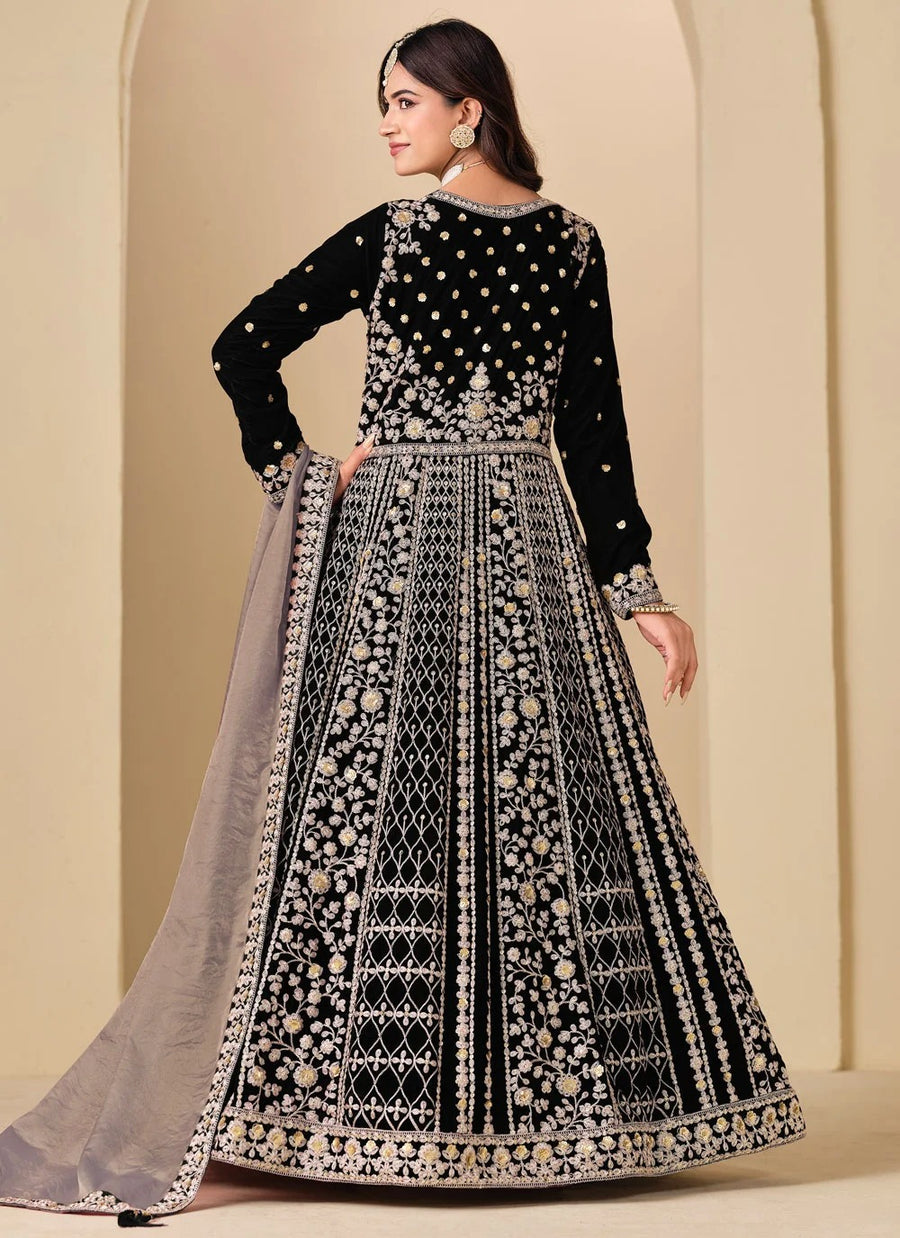 Premium black embroidered velvet suit for women
