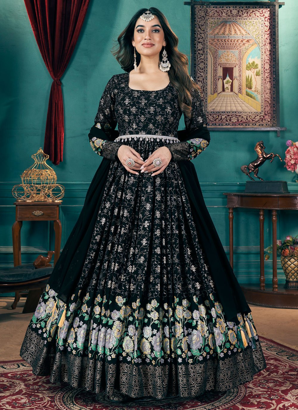 Black Faux Georgette Readymade Anarkali Gown With Metalic Foil Work