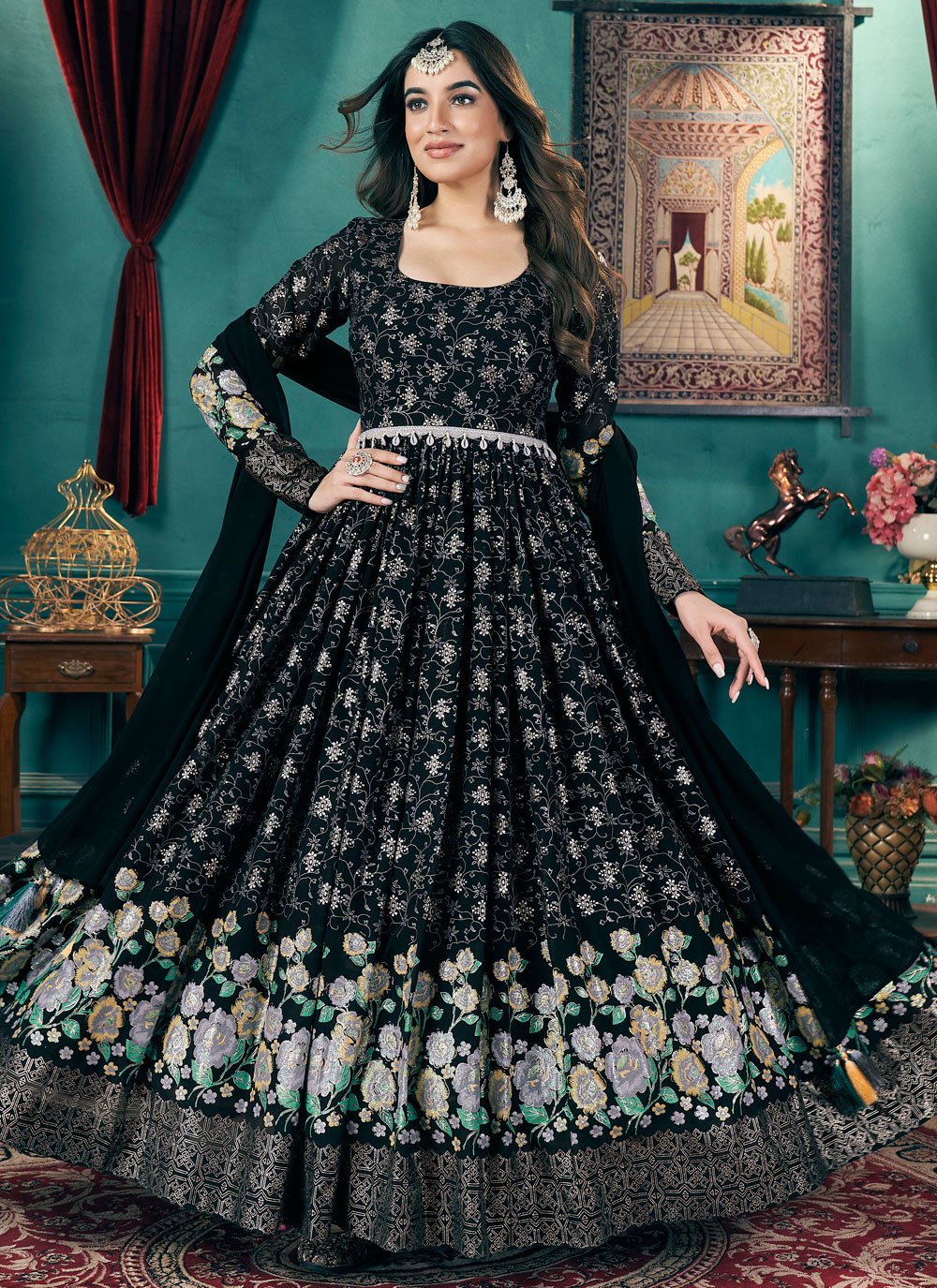 Black Faux Georgette Readymade Anarkali Gown With Metalic Foil Work