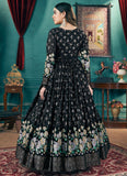 Black Faux Georgette Readymade Anarkali Gown With Metalic Foil Work