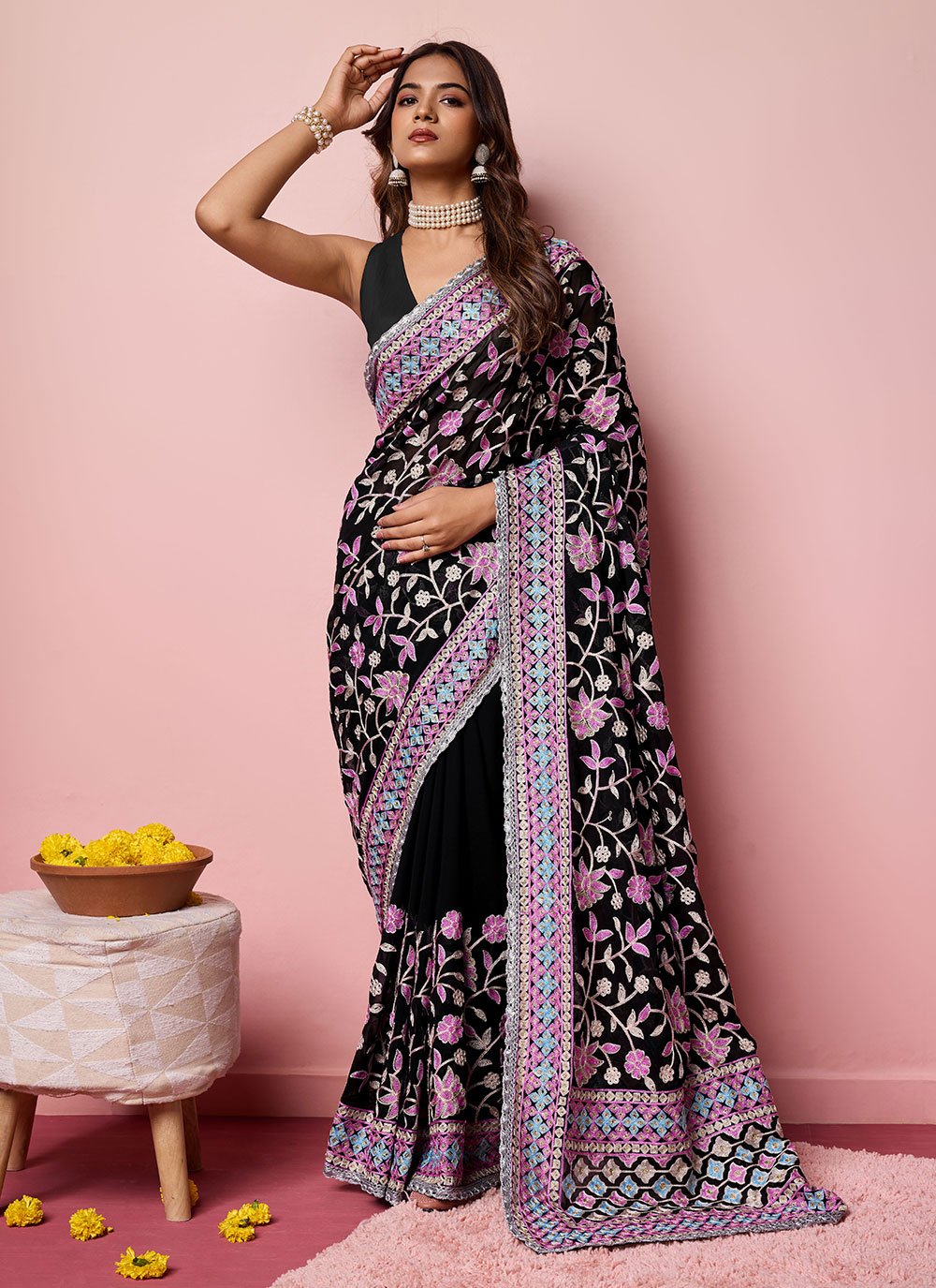 Black Georgette Kashmiri Work Contemporary Saree