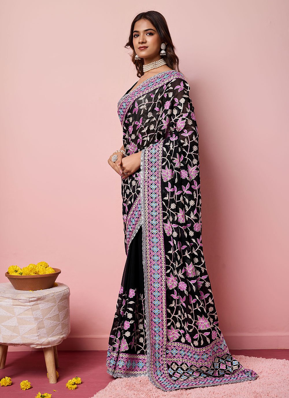 Black Georgette Kashmiri Work Contemporary Saree