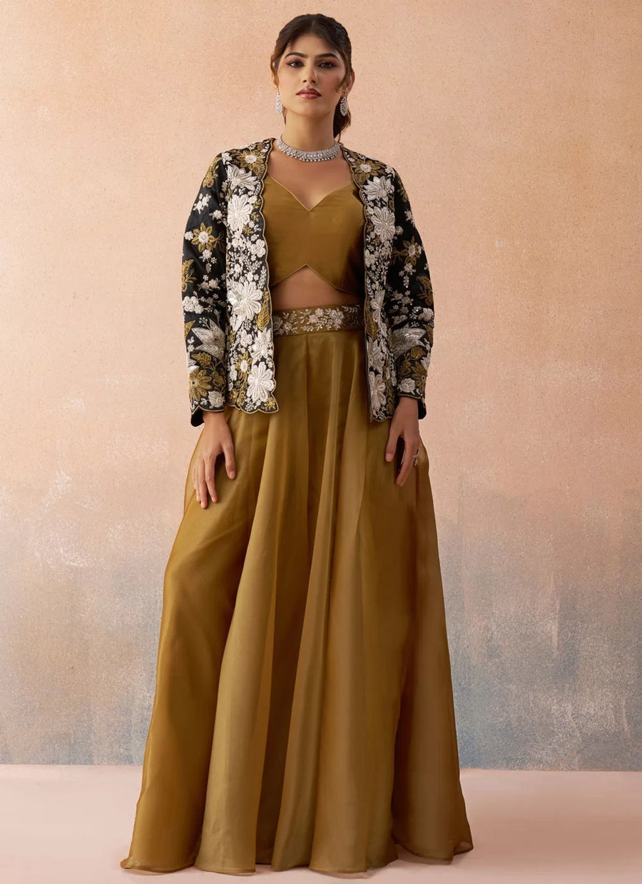 Black indo western co-ord set with embroidered raw silk jacket