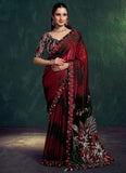 black maroon satin party wear saree with sequin embellishment