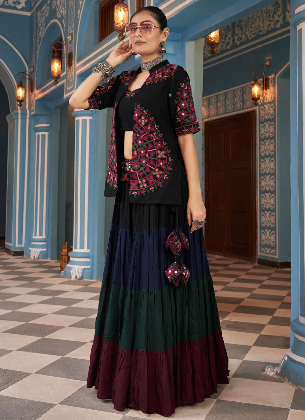 Black Navratri Jacket Style Chaniya Choli with Embroidered Belt and Latkan