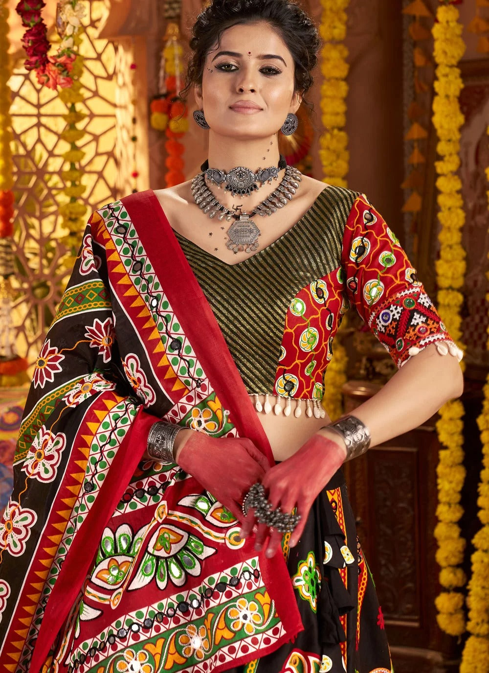 Printed black dupatta with aari and foil work for Navratri
