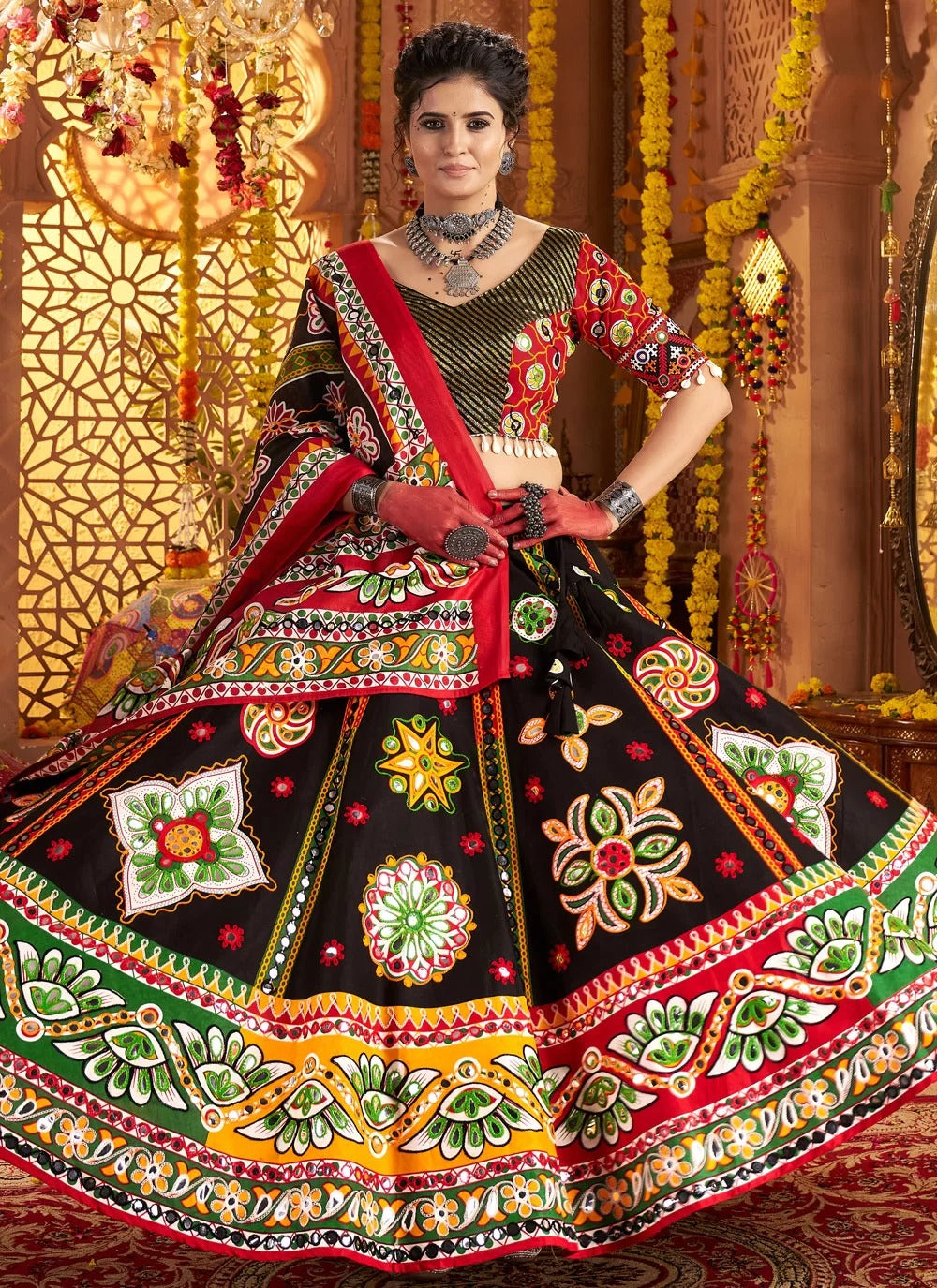 Organic cotton Garba lehenga for women – black and red combo
