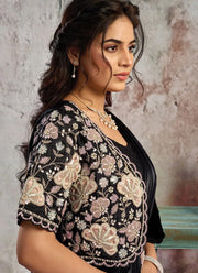 Black Ready To Wear Saree in Lustrous Satin With Applique & Stone Work