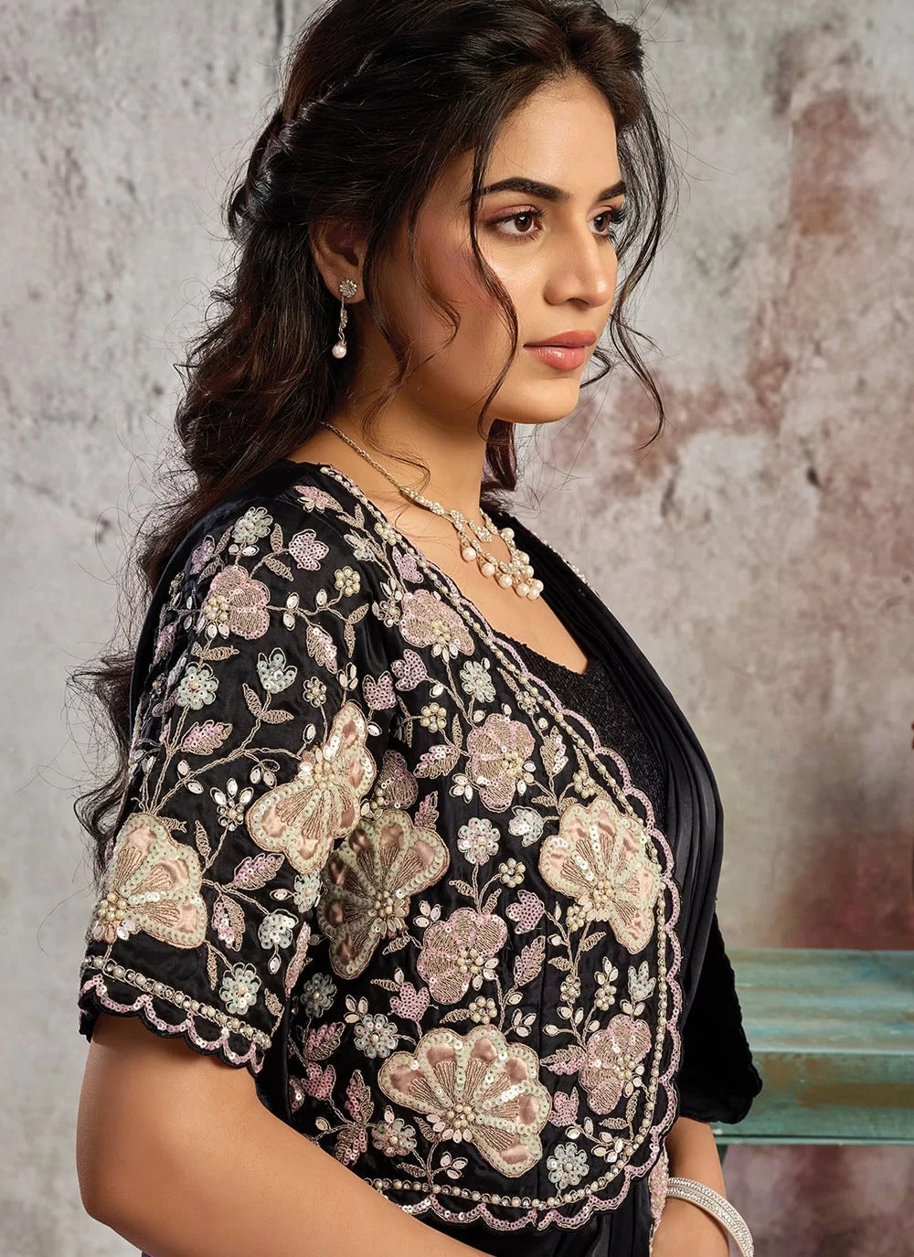 Black Ready To Wear Saree in Lustrous Satin