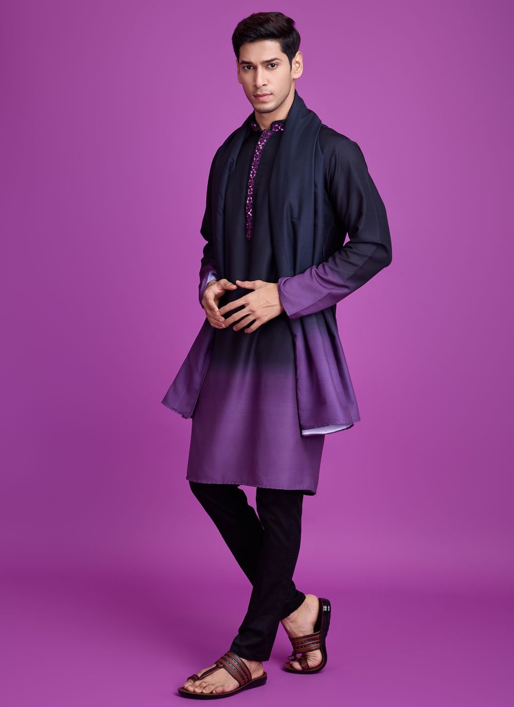 Black Rayon Navratri Mens Kurta With Mirror Work