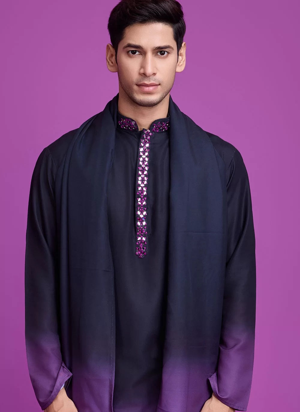 Black Rayon Navratri Mens Kurta With Mirror Work