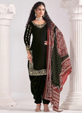 Timeless Black Roman Silk Patiyala Suit with Mirror Embroidery