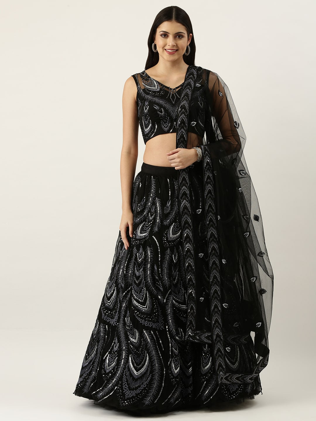 Black Sequins Embroidered Net Party Wear Lehenga