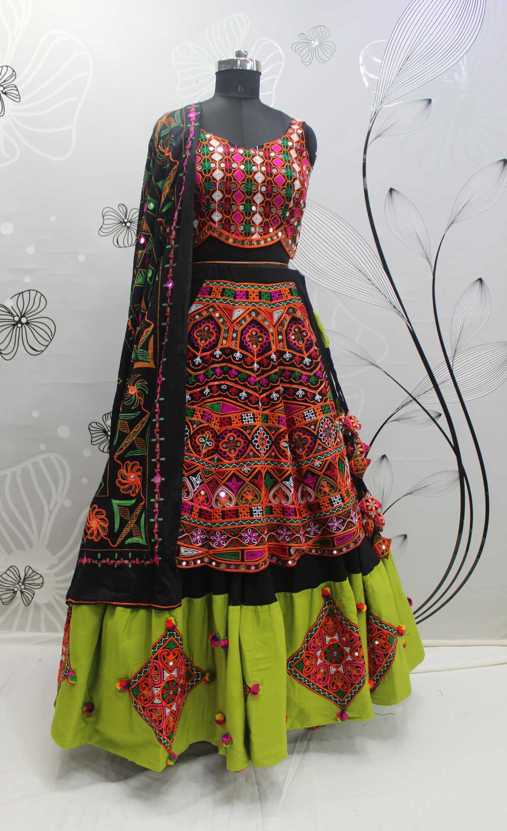 Black Thread Embroidered with all over mirror work Garba Lehenga