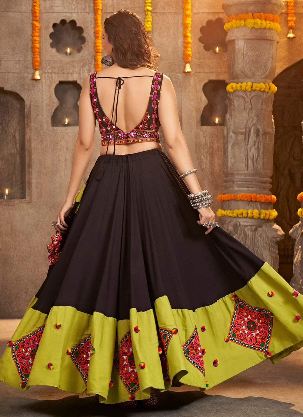 Black Thread Embroidered with all over mirror work Garba Lehenga