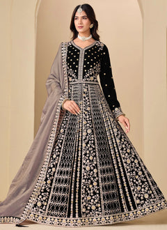 Black velvet Abaya style Anarkali suit with embroidery work