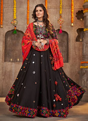Black Viscose Rayon Mirror and Embroidered Navratri Dress