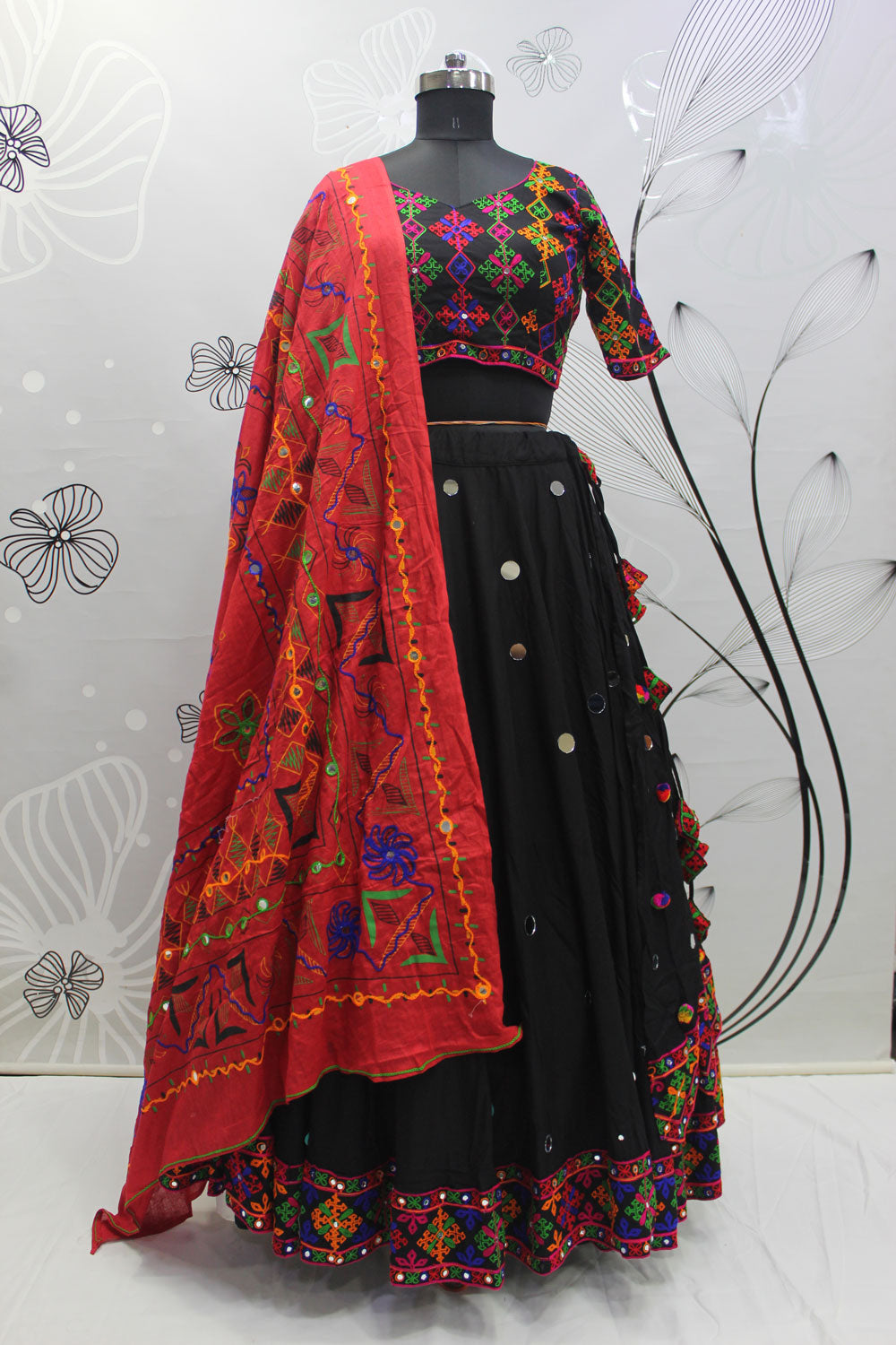 Black Viscose Rayon Mirror and Embroidered Navratri Dress