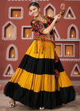 Black Viscose Rayon Navratri Lehenga Choli with Embroidered Waist Belt and Latkan