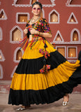 Black Viscose Rayon Navratri Lehenga Choli with Embroidered Waist Belt and Latkan