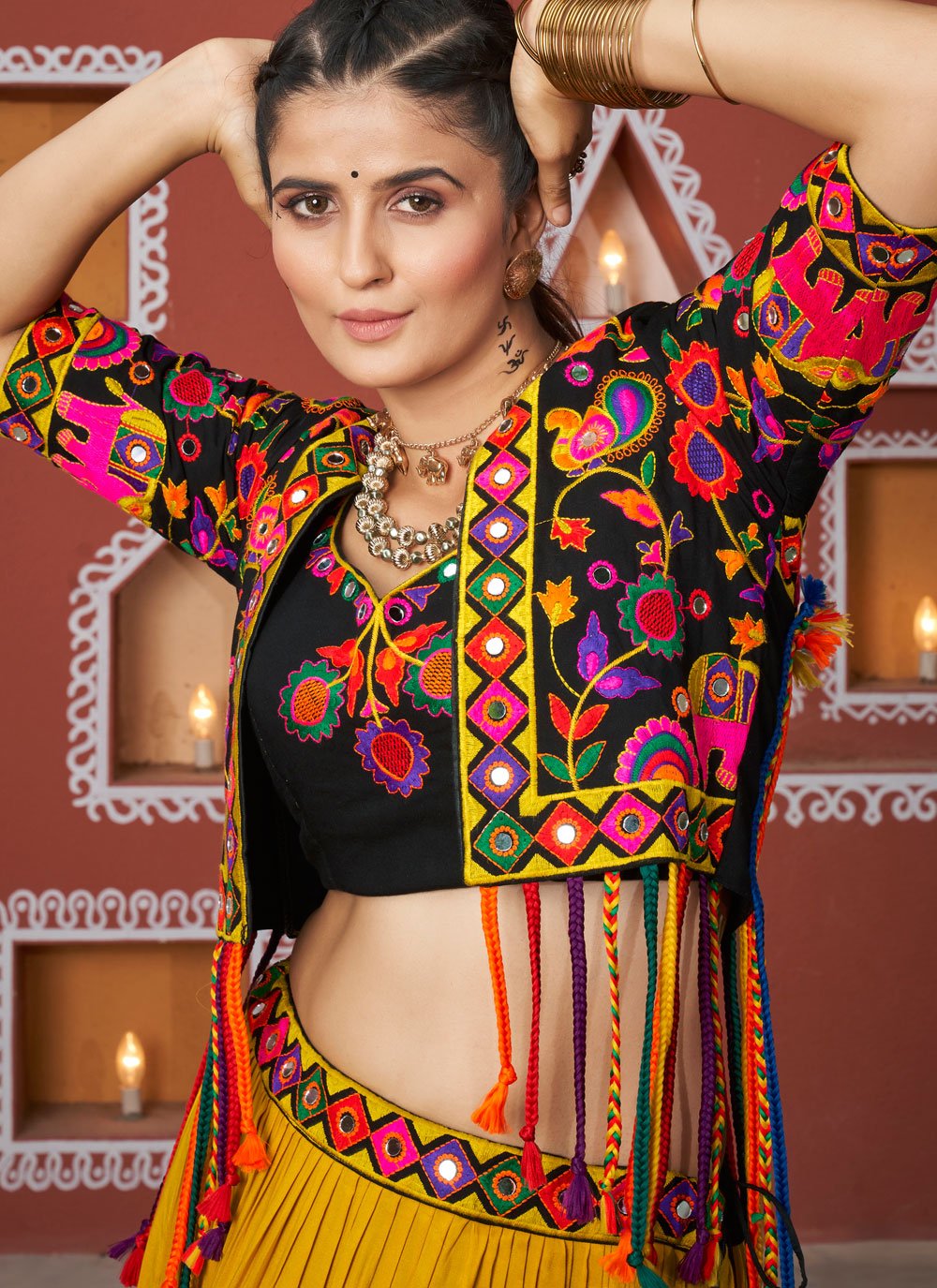 Black Viscose Rayon Navratri Lehenga Choli with Embroidered Waist Belt and Latkan