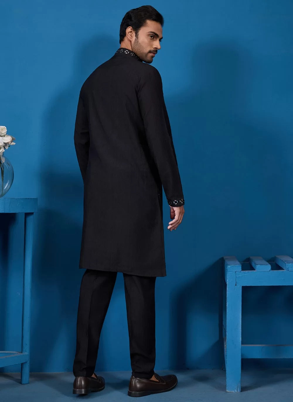 Black Viscose Silk Mirror Work Kurta Pyjama for Men