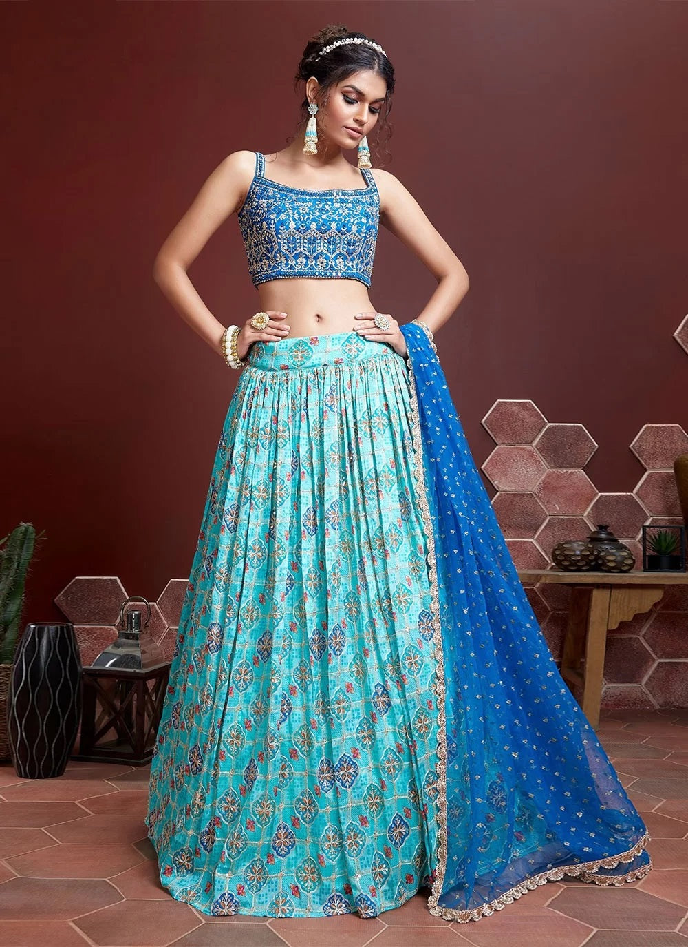 Blue and Gold Embroidered Lehenga With Shoulder Strap Neck Blouse