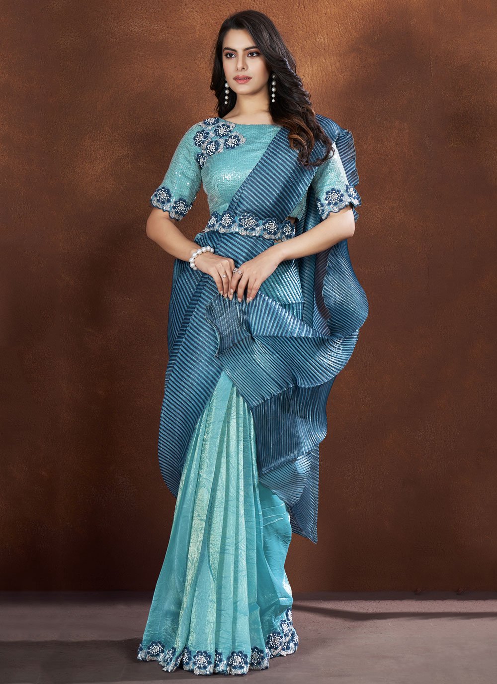 Blue Banarasi Crush Silk  Applique & Moti Embellishments Saree with Georgette Stitched Blouse