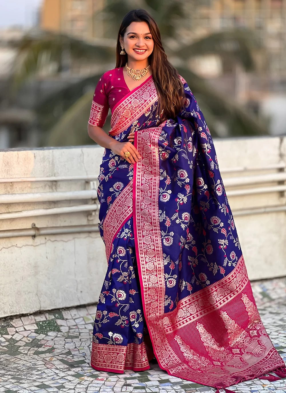 Blue Banarasi Silk Saree with Rose Gold Zari | Festive Wear Saree