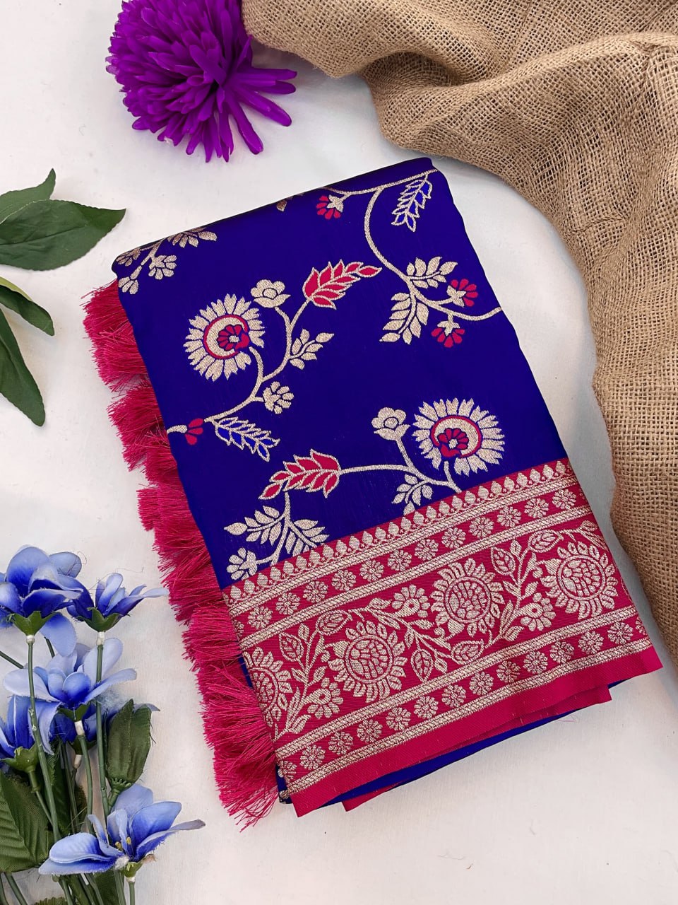 Blue Banarasi Soft Silk Saree with Rose Gold Zari Weaves