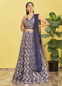 Blue Chinnon Mirror and Digital Printed Indian Lehenga Choli