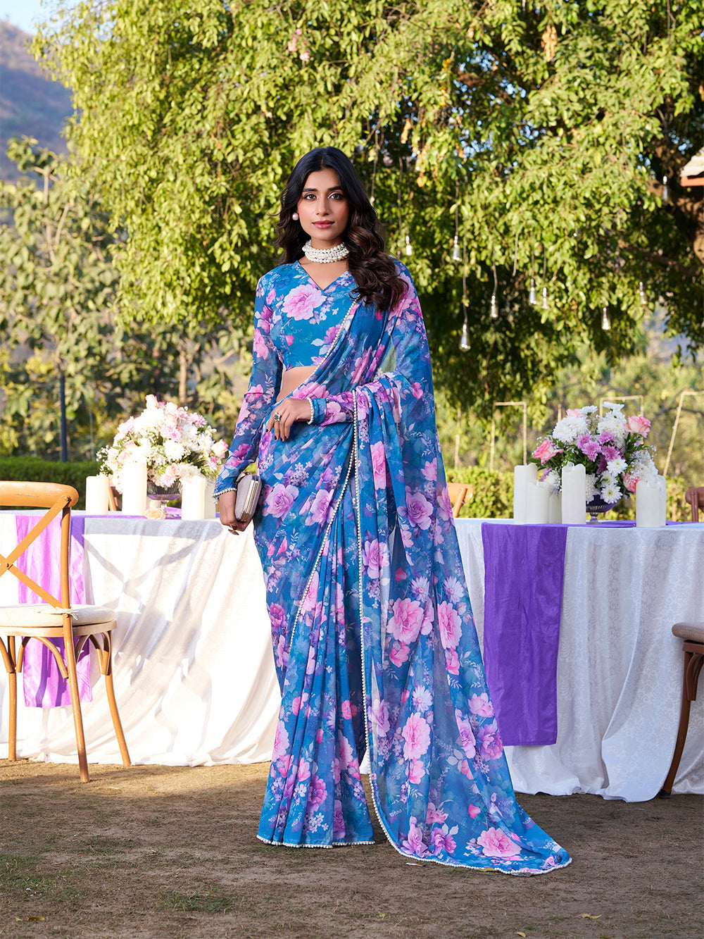 Weightless blue printed saree for festive wear