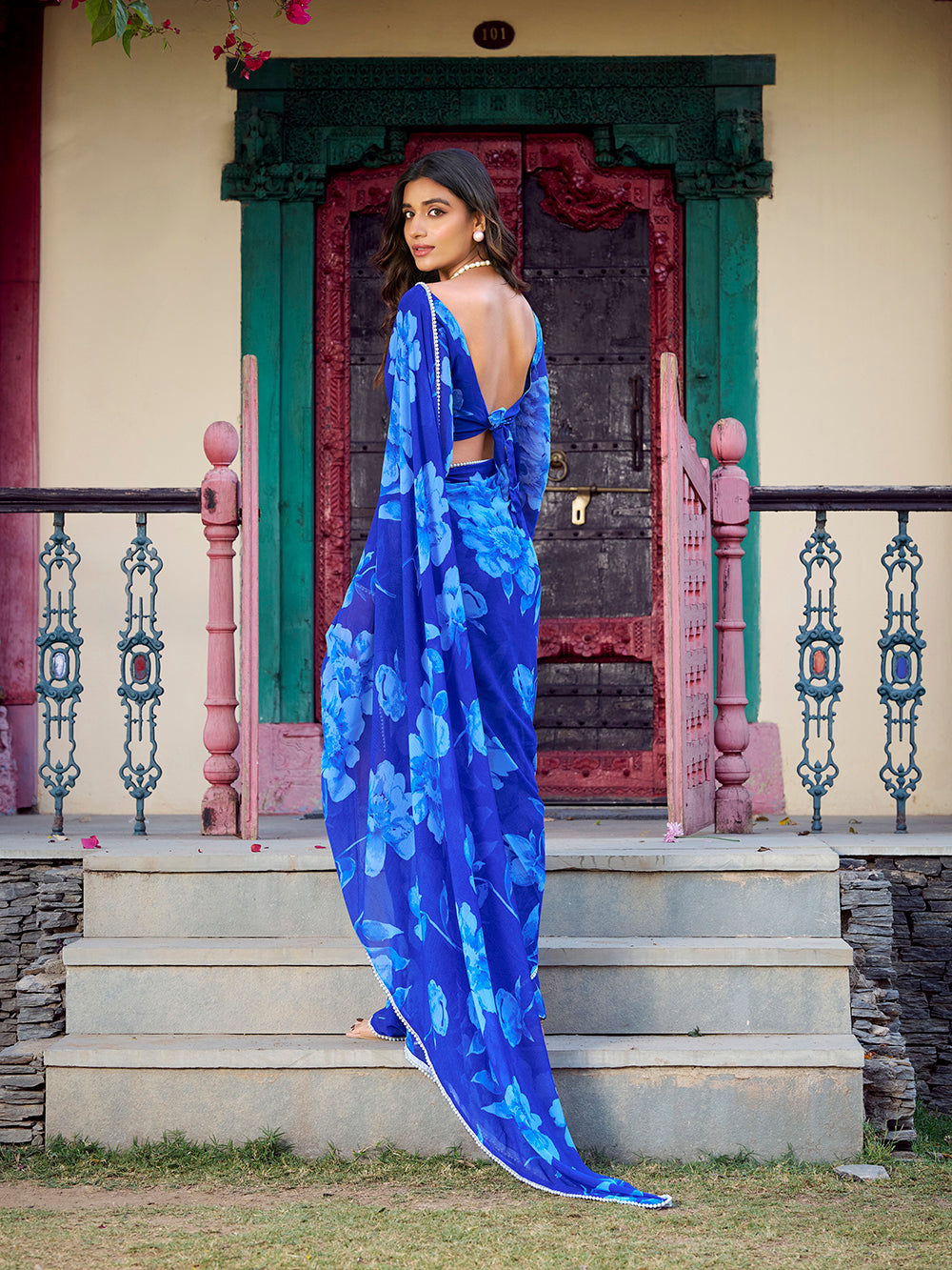 Lightweight blue printed chiffon saree