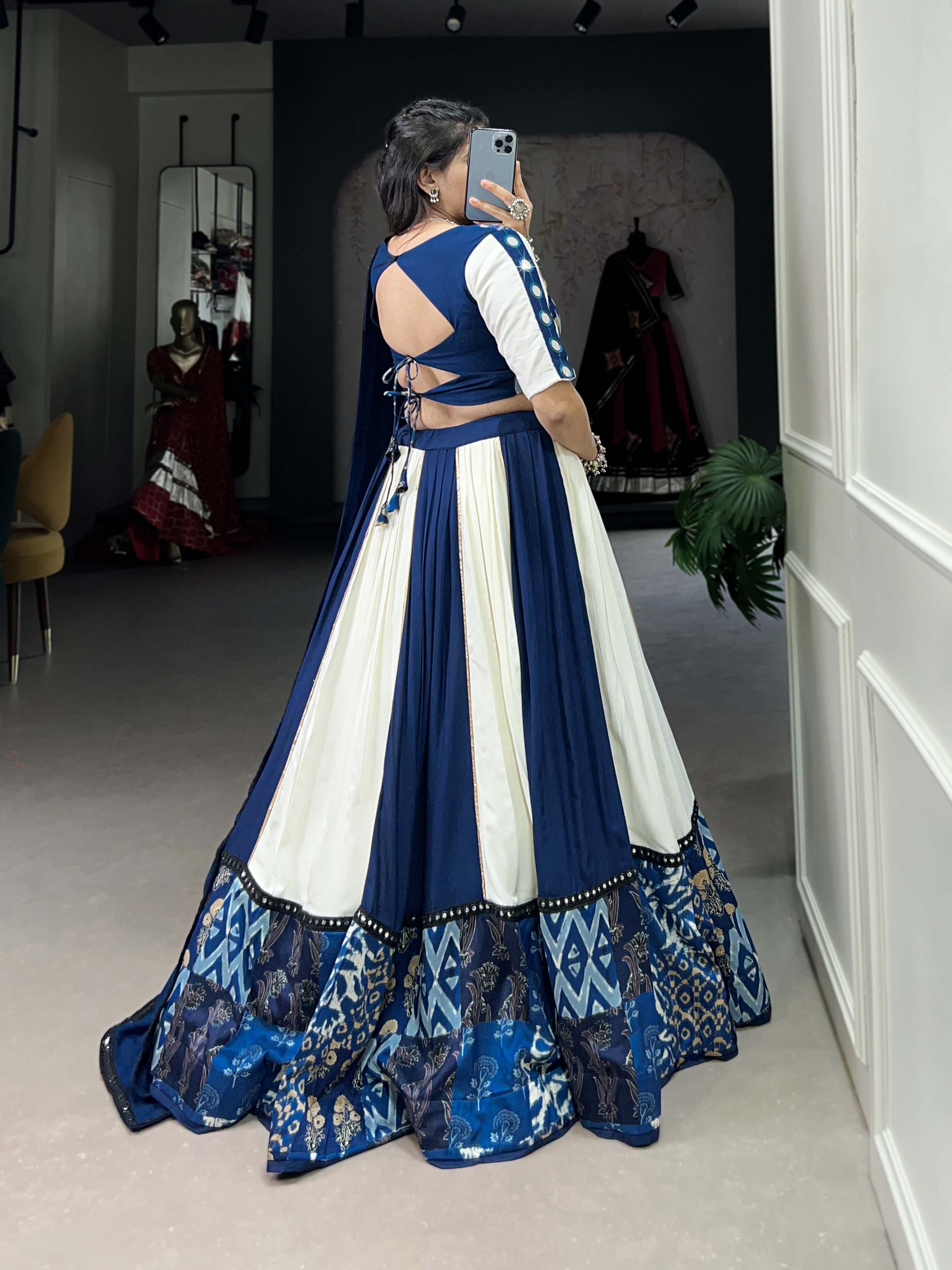 Blue Color Plain And Printed With Paper Mirror Work Rayon Lehenga Choli