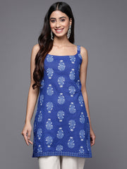 Blue Cotton Printed Square Neck Tunic Top