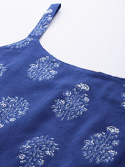 Blue Cotton Printed Square Neck Tunic Top