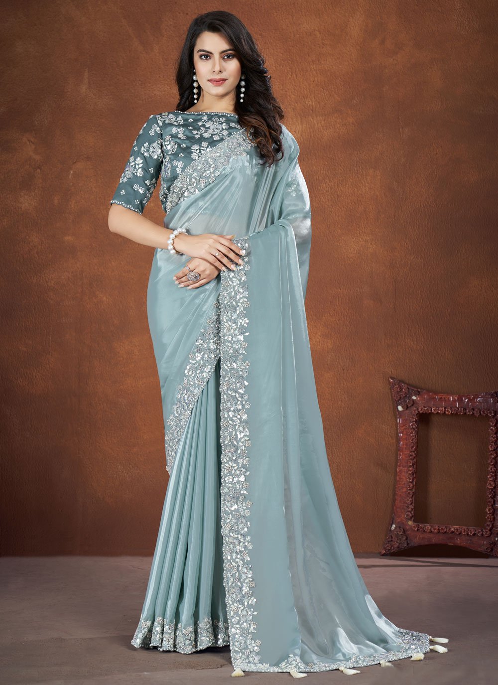 Blue Crepe Satin Silk Saree with Malai Satin Stitched Blouse